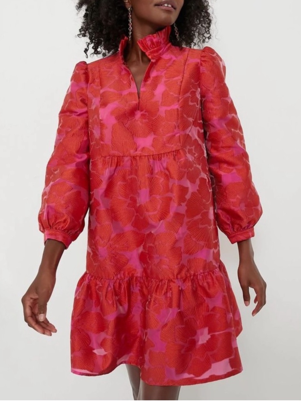Tuckernuck Red and Pink Floral Puff-Sleeve Mini Dress